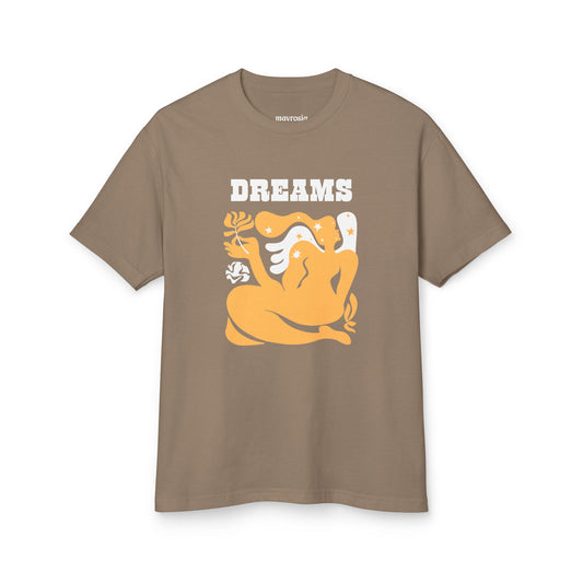 Dreams retro floral graphic tee, taupe front view - Mavrosia
