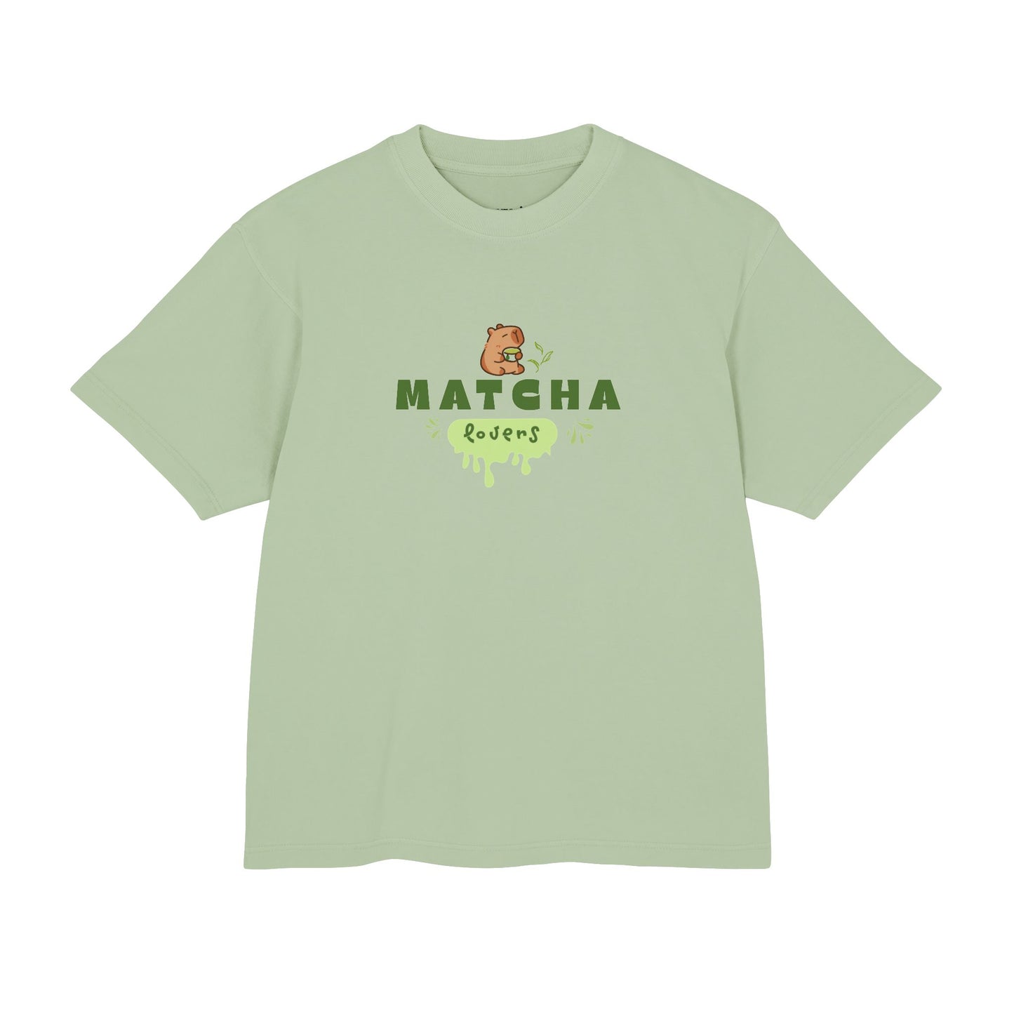 Matcha Lovers boxy tee, capybara graphic, oil green colorway - Mavrosia