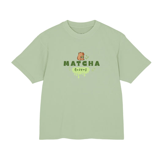 Matcha Lovers boxy tee, capybara graphic, oil green colorway - Mavrosia