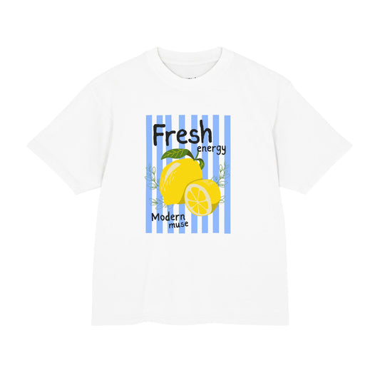 Lemon Fresh Energy citrus graphic tee, white front view - Mavrosia
