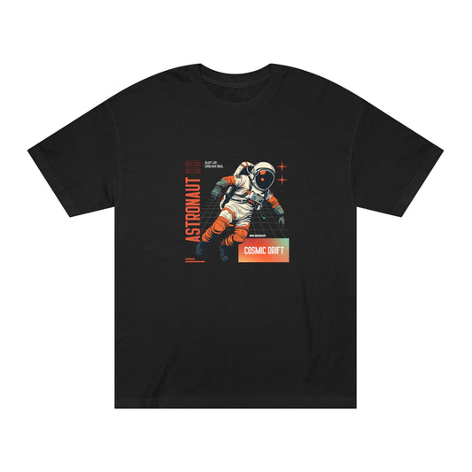 Cosmic Shift astronaut graphic tee, black front view - Mavrosia
