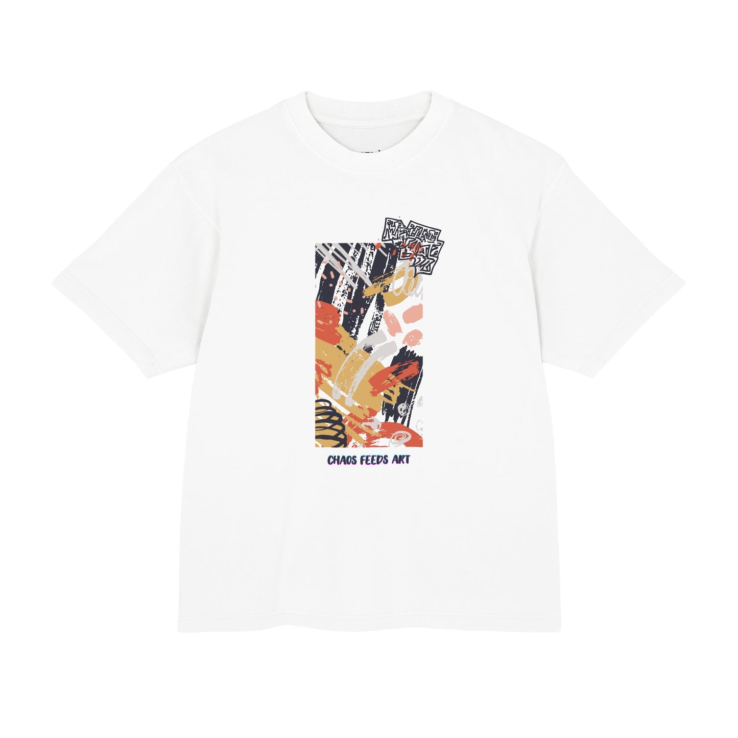 Chaos Feeds Art abstract collage tee, front view - Mavrosia