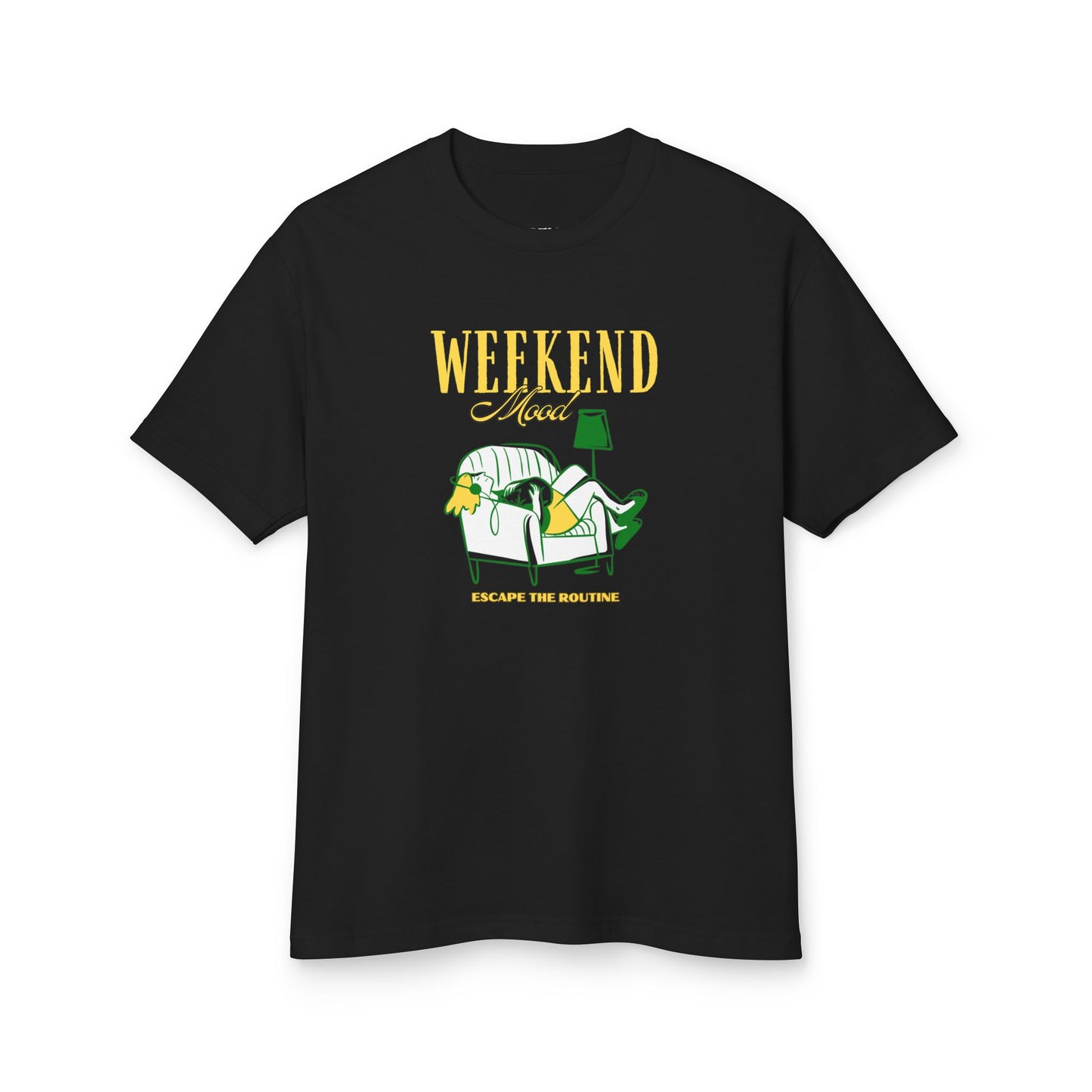 Weekend Mode vintage-dyed tee, true black front view - Mavrosia