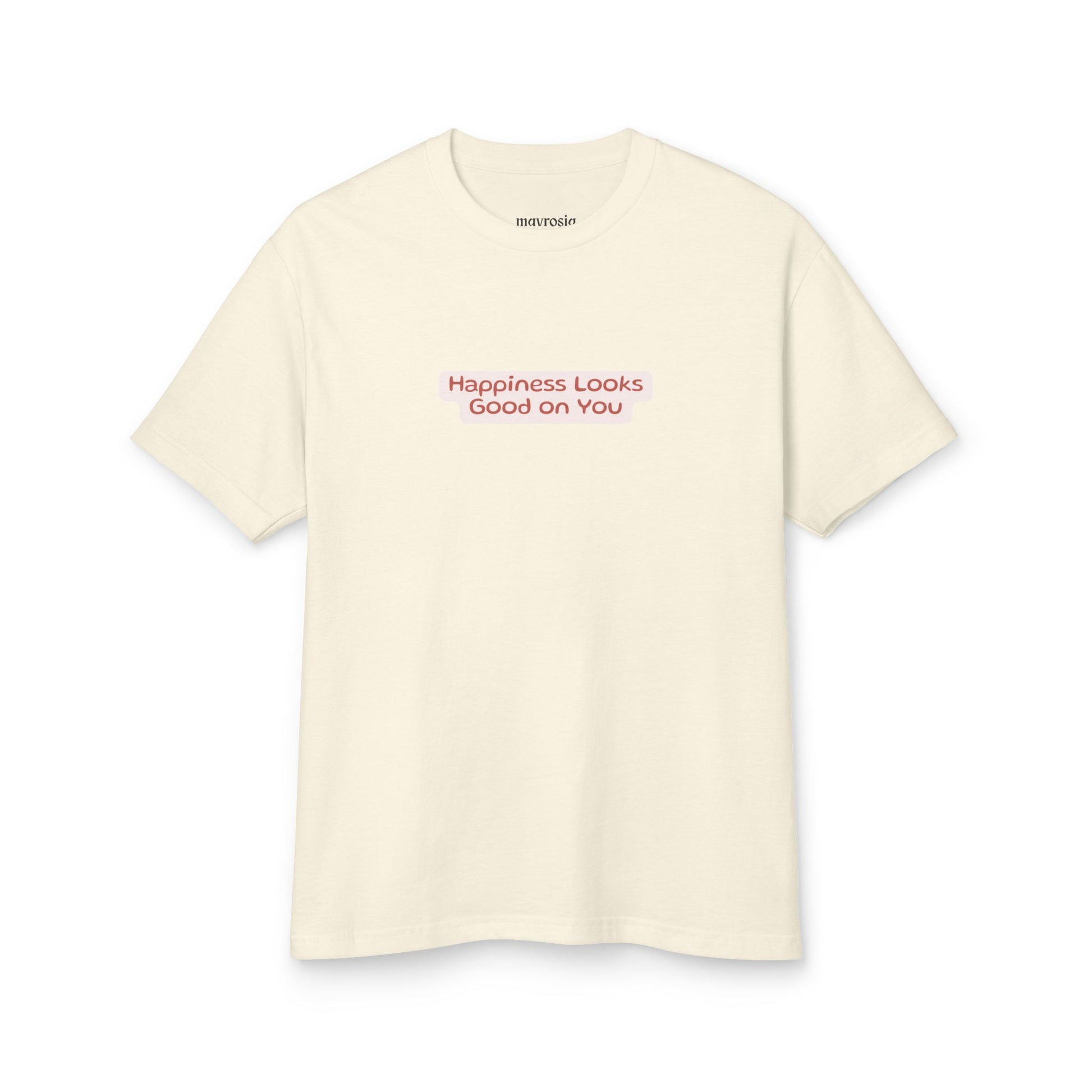 Happy Travels tee, Happiness Looks Good on You script, front view - Mavrosia