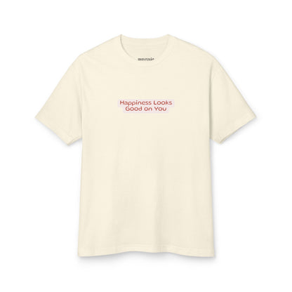 Happy Travels tee, Happiness Looks Good on You script, front view - Mavrosia