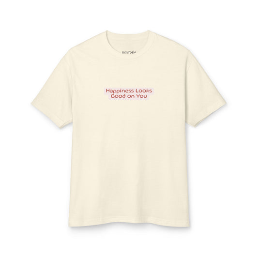 Happy Travels tee, Happiness Looks Good on You script, front view - Mavrosia