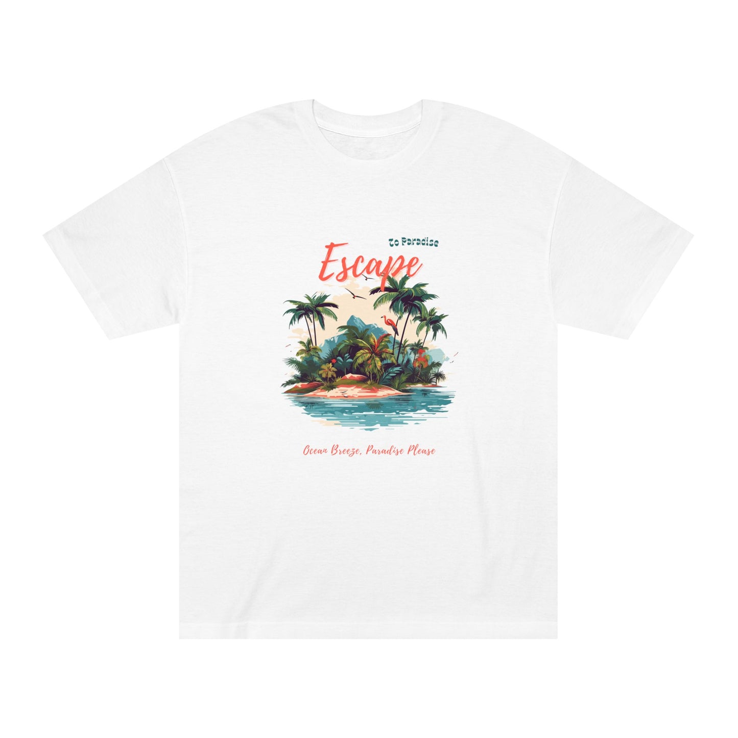Escape Paradise Island tropical graphic tee, white front view - Mavrosia
