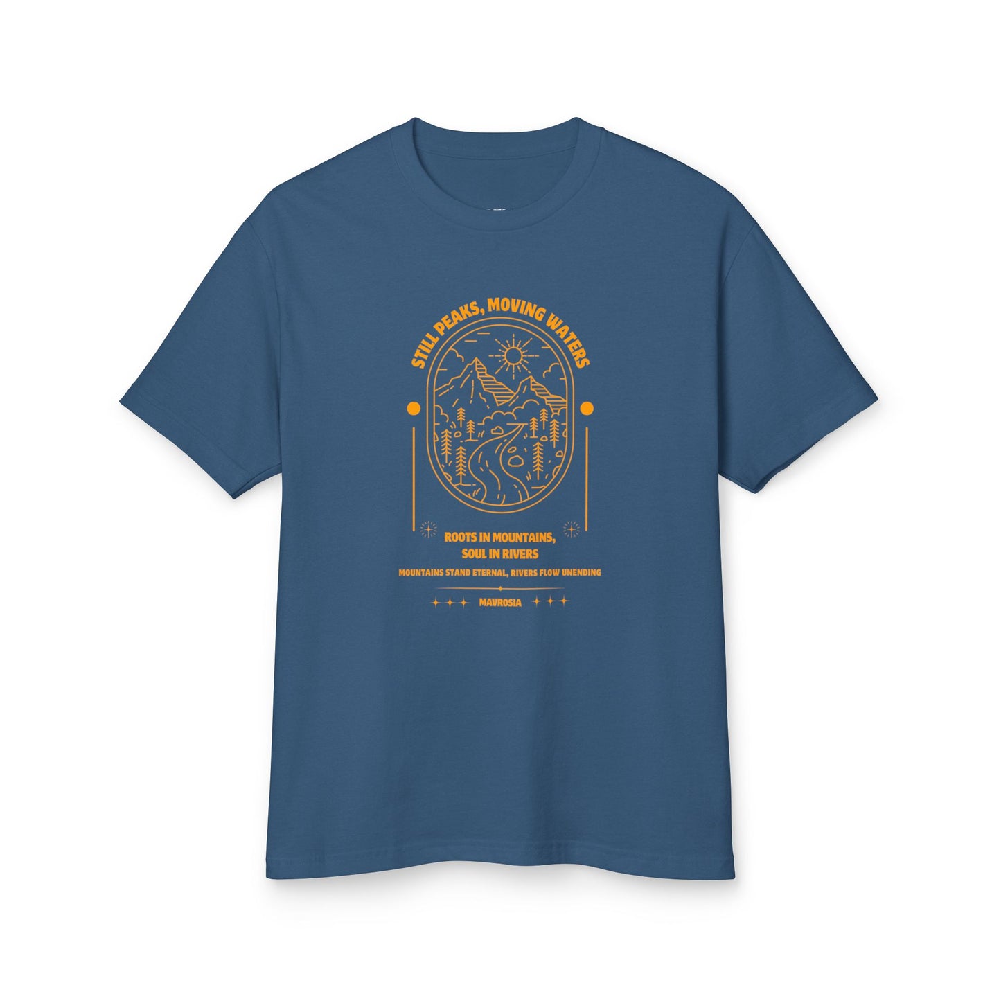 Adventure Mountains tee, faded navy colorway, front view - Mavrosia