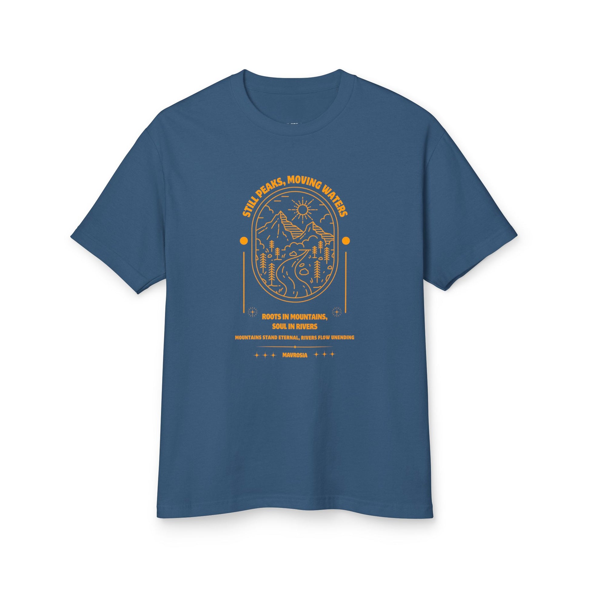 Adventure Mountains tee, faded navy colorway, front view - Mavrosia