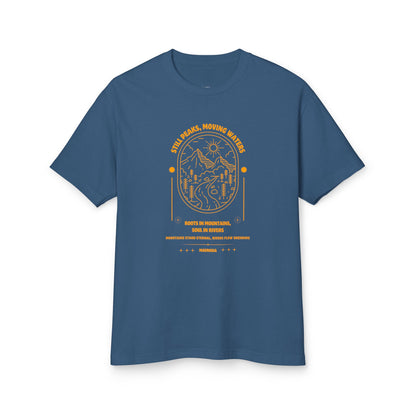 Adventure Mountains tee, faded navy colorway, front view - Mavrosia