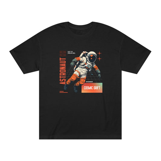 A black short-sleeve crewneck t-shirt featuring a retro-futuristic graphic of an astronaut floating in space, with text reading 'ASTRONAUT' and 'COSMIC DRIFT'.