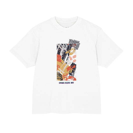 Chaos Feeds Art abstract collage tee, front view - Mavrosia