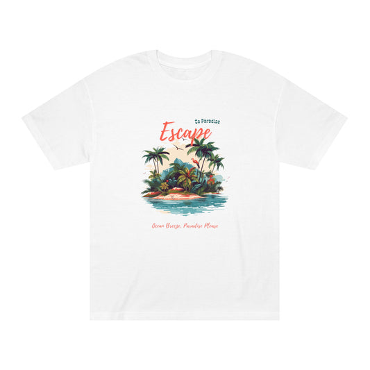 Escape Paradise Island tropical graphic tee, white front view - Mavrosia