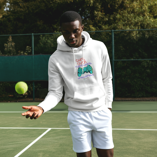 Game Over retro gaming hoodie in white, worn on a tennis court - Mavrosia