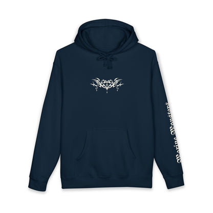 Navy blue hoodie with white graphic design on a white background www.mavrosia.com