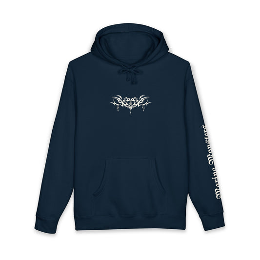 Navy blue hoodie with white graphic design on a white background www.mavrosia.com
