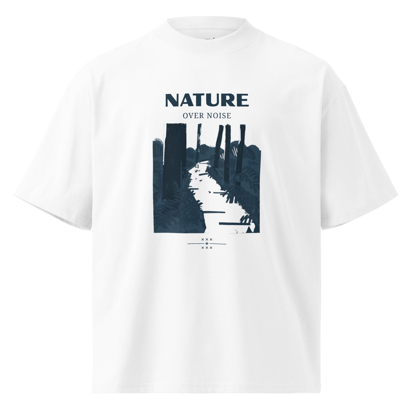 Nature Over Noise oversized men's tee, white front view - Mavrosia