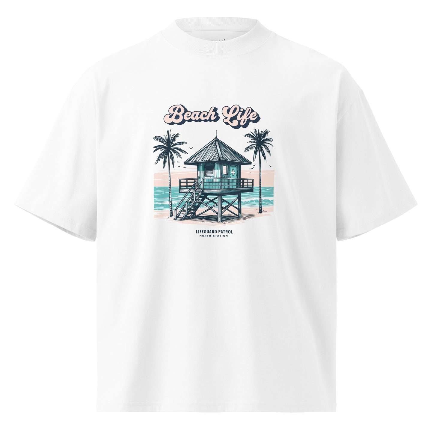 Beach Life oversized men's tee, white front view - Mavrosia