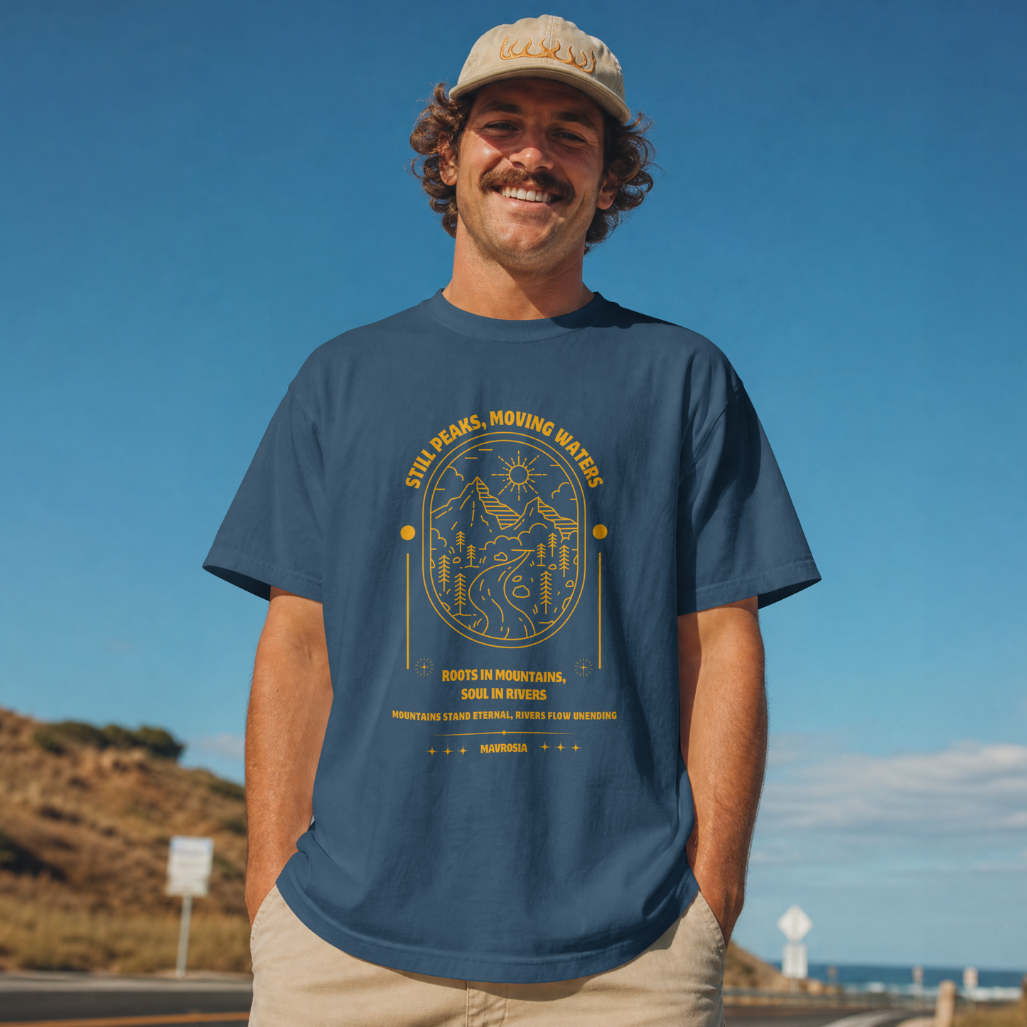 Adventure Mountains tee illustration close-up - Mavrosia