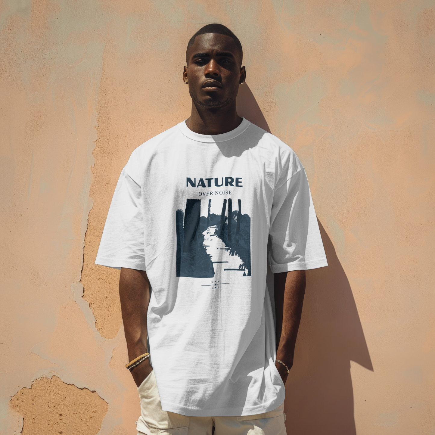 Nature Over Noise oversized men's tee print detail - Mavrosia