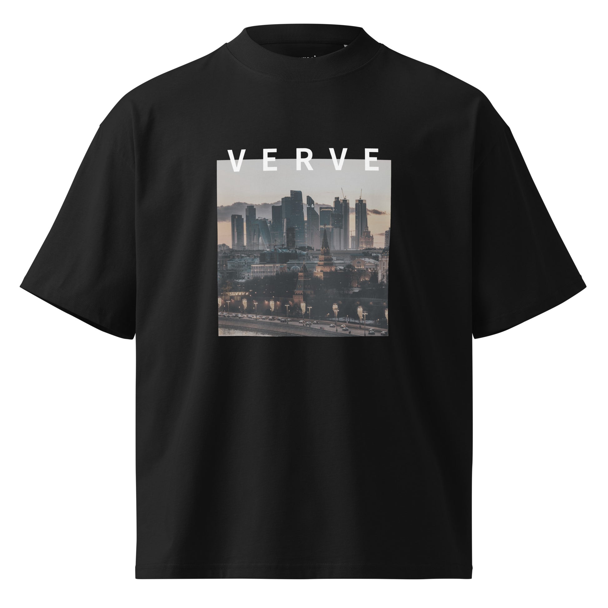Verve oversized men's tee, black front view - Mavrosia
