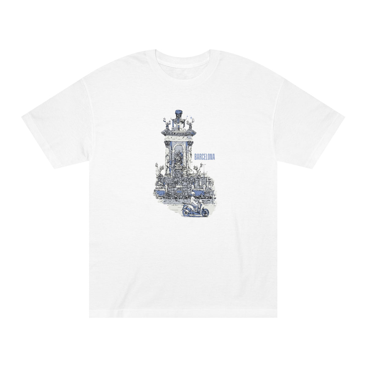 A white short-sleeve crewneck t-shirt featuring a detailed blue and gray graphic print of the Barcelona Cathedral bell tower and a small motorcycle in the foreground.